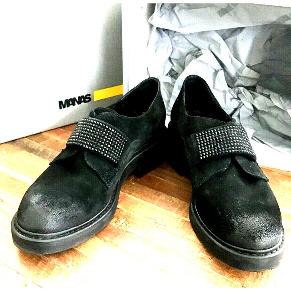 Manas Black Suede Studded Loafers Size 36 – Glossy Black Studs, Block Heel - New - Picture 4 of 7